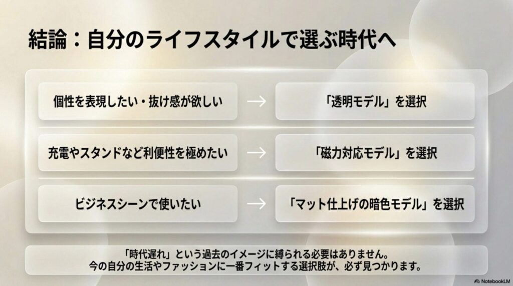 透明モデル、磁力対応モデル、暗色モデルなど、自分のライフスタイルに合わせた選び方の結論