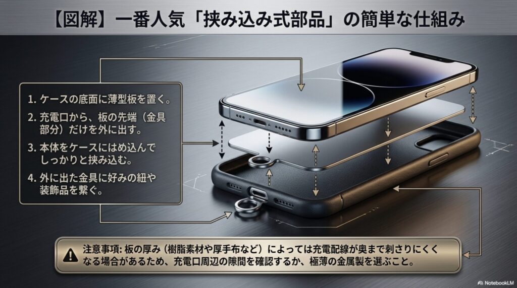 ケース底面に薄型板を置き、充電口から金具を出して本体をはめ込み紐を繋ぐ4ステップの手順図解と、板の厚みによる充電ケーブルの干渉注意を記載したスライド画像 。