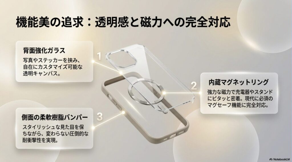 背面強化ガラスによる透明感、側面の柔軟樹脂バンパー、内蔵マグネットリングによる磁力への完全対応を示す図解
