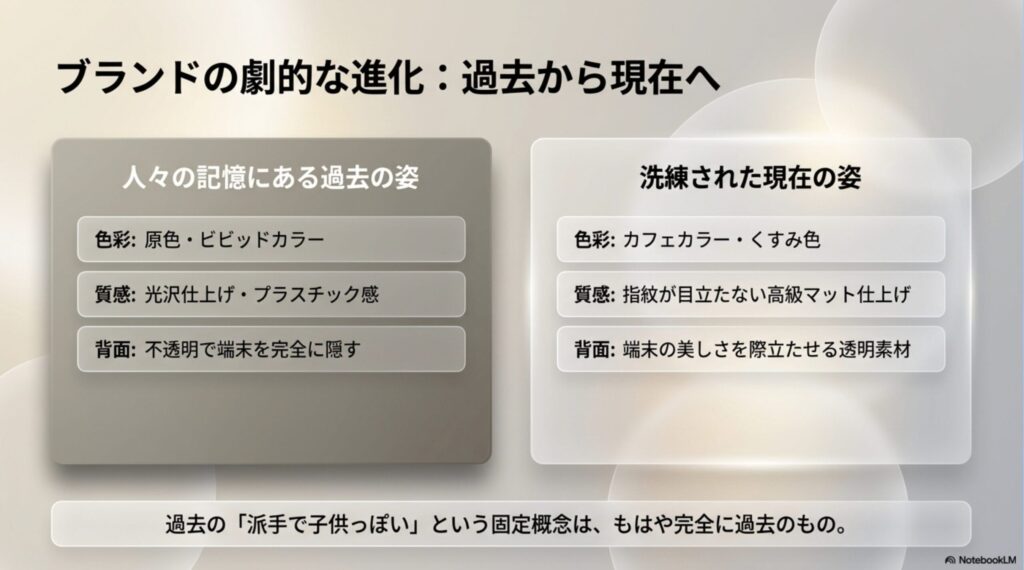 原色や光沢感のあった過去の姿から、カフェカラーや高級マット仕上げを用いた現在の姿への劇的な進化