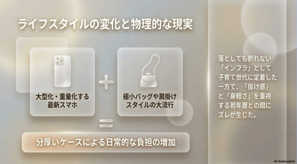 大型化・重量化する最新スマホと極小バッグの流行による物理的負担や、子育て世代と若年層の間に生じたズレの解説
