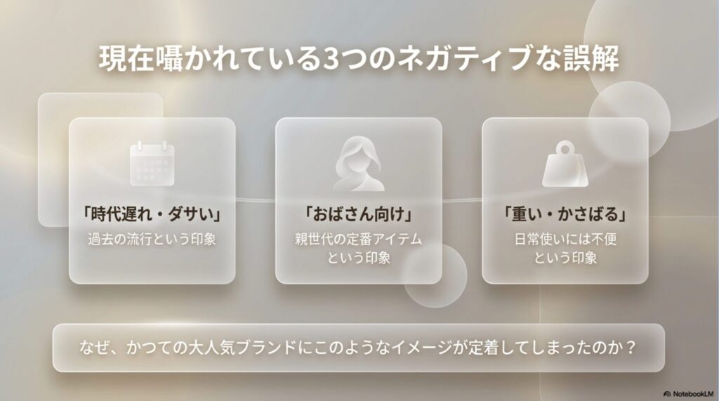 iFaceに対する「時代遅れ・ダサい」「おばさん向け」「重い・かさばる」という3つのネガティブな誤解をまとめた図解