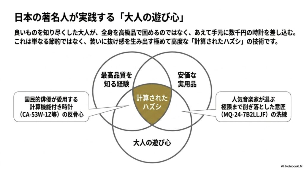 良いものを知り尽くした大人があえて手元に数千円の時計を差し込む「計算されたハズシ」を解説する図 。最高品質を知る経験と安価な実用品の融合（大人の遊び心）として、国民的俳優の計算機能付き時計（CA-53W-1Z等）の反骨心や、人気音楽家の極限まで削ぎ落とした意匠（MQ-24-7B2LLJF）の洗練を示している 。