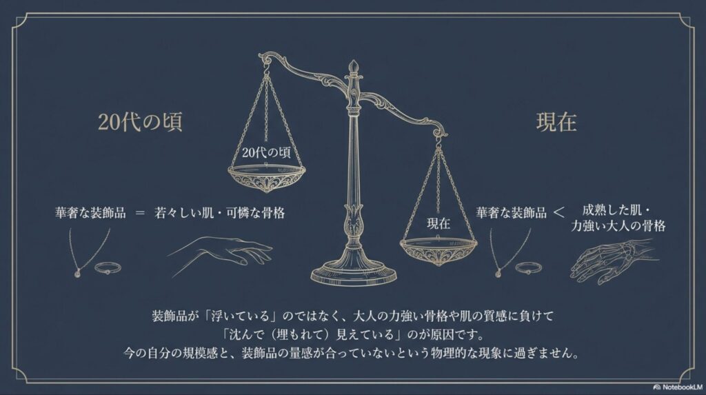 20代の頃と現在を比較し、成熟した肌や力強い大人の骨格に対して華奢な装飾品が沈んで見えてしまう物理的な現象を天秤で表した図解