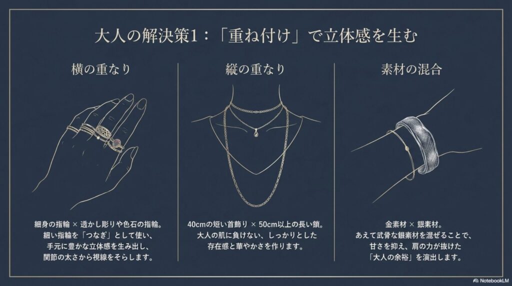 指輪の横の重なりや首飾りの縦の重なり、金と銀の異素材ミックスを活用することで、大人の余裕や手元に豊かな立体感を生み出す解決策の図解