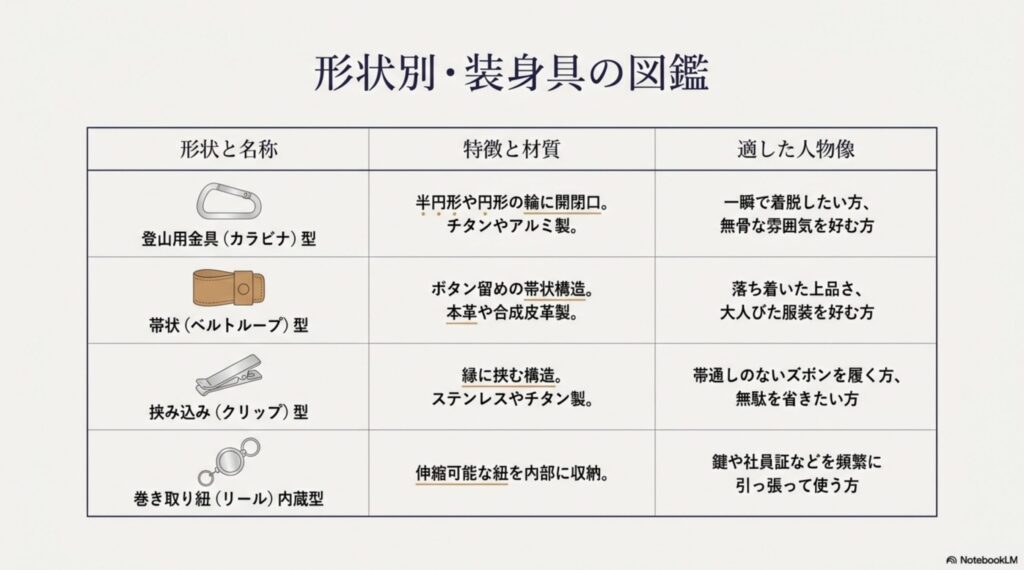 カラビナ型、ベルトループ型、クリップ型、リール内蔵型の4つの形状について、それぞれの特徴、材質、適した人物像をまとめた比較表スライド。
