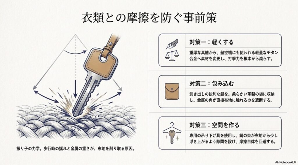 歩行時の金属音防止と鍵番号の盗み見を防ぐ防犯対策として、手軽な「シリコン製カバー」と、カスタマイズを楽しむ「パラシュート紐(パラコード)の編み込み」の二つの知恵を比較解説したスライド。