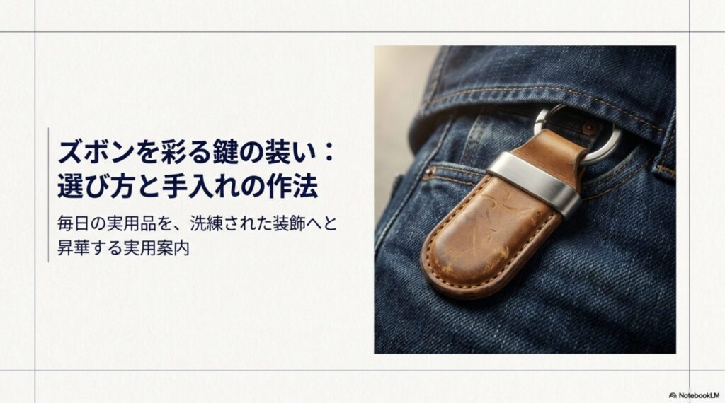 デニムパンツのベルトループに装着された、上質な本革と金属を組み合わせたおしゃれなキーホルダーの装着イメージ。