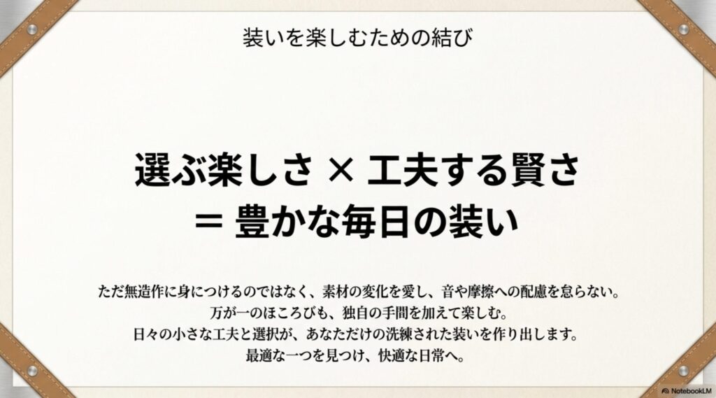 素材の変化を愛し、音や摩擦への配慮や工夫を怠らないことで、日々の小さな選択が自分だけの洗練された装いを作り出すというメッセージをまとめた結びのスライド。