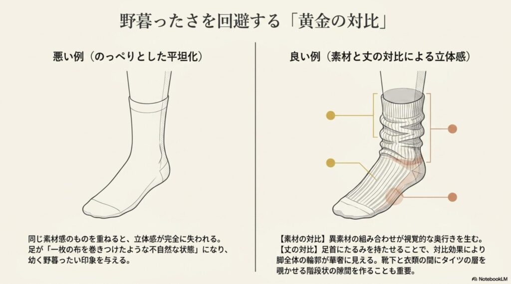 異素材の組み合わせや丈の対比で、タイツと靴下の重ね履きがダサくなるのを回避する黄金バランス
