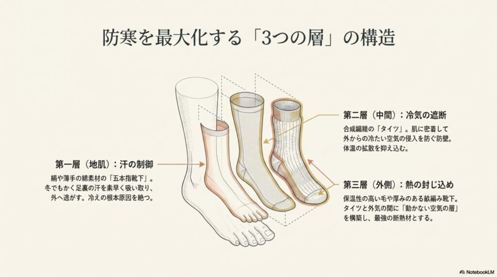 五本指靴下、タイツ、厚手靴下の正しい順番で重ね履きし、防寒効果を最大化する3層構造の図解