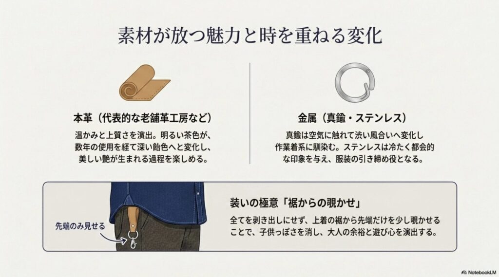 本革や真鍮・ステンレスといった素材ごとの経年変化の魅力と、全てを剥き出しにせずトップスの裾から先端だけを少し覗かせる大人のスタイリングの極意を解説したスライド。