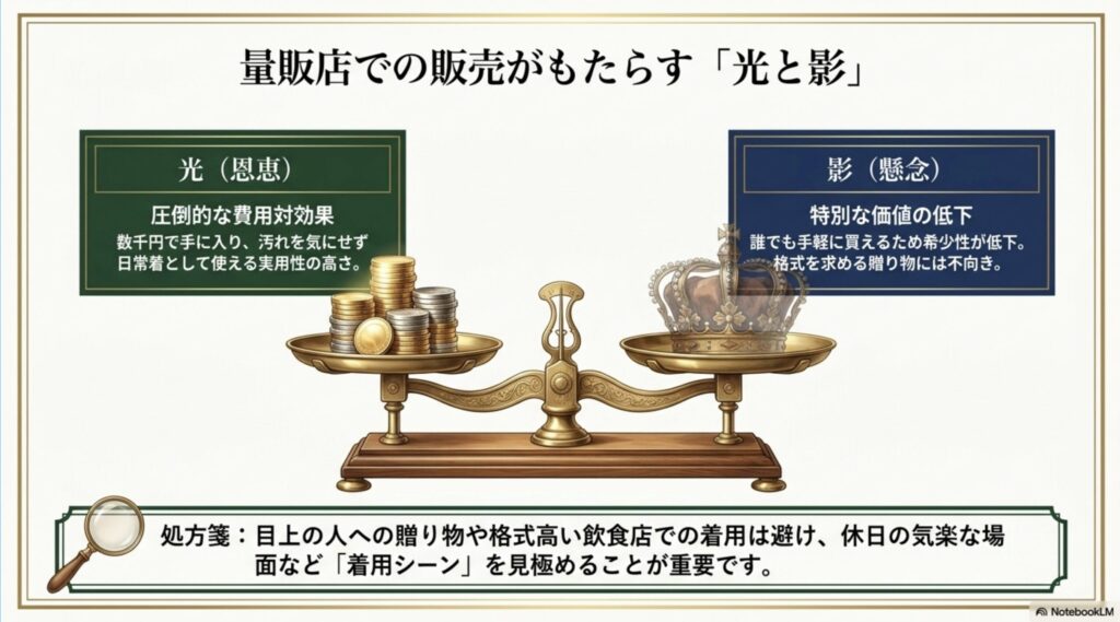 量販店販売における圧倒的な費用対効果（光）と特別な価値の低下（影）を対比させ、着用シーンを見極める重要性を説いた天秤のイラスト