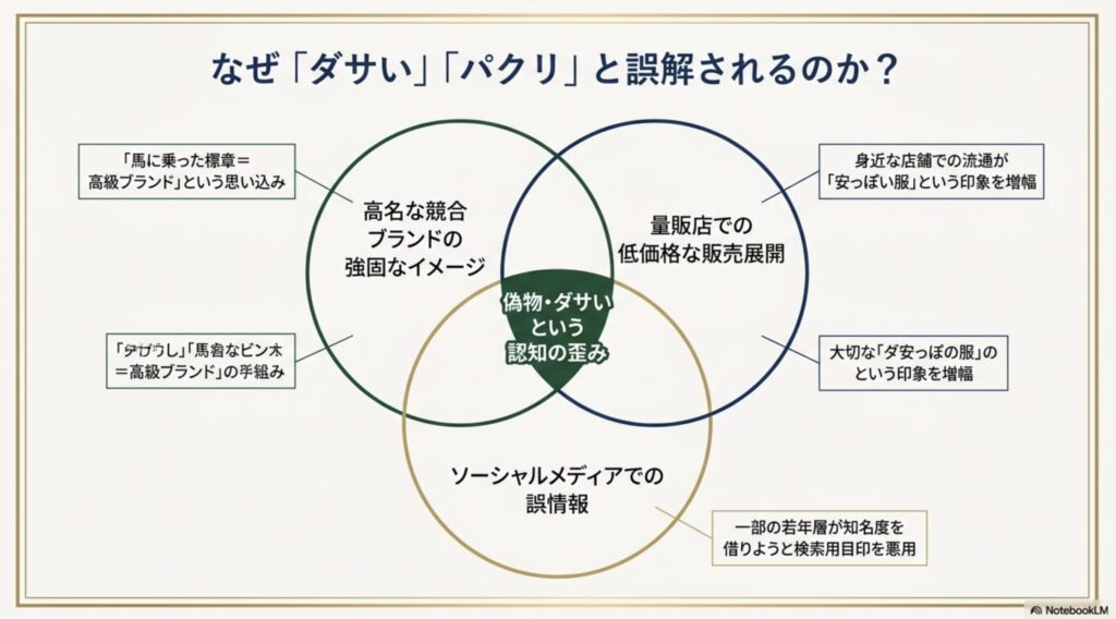 競合ブランドの強固なイメージ、量販店での低価格展開、SNSでの誤情報が交差して「偽物・ダサい」という認知の歪みを生む構造を示したベン図