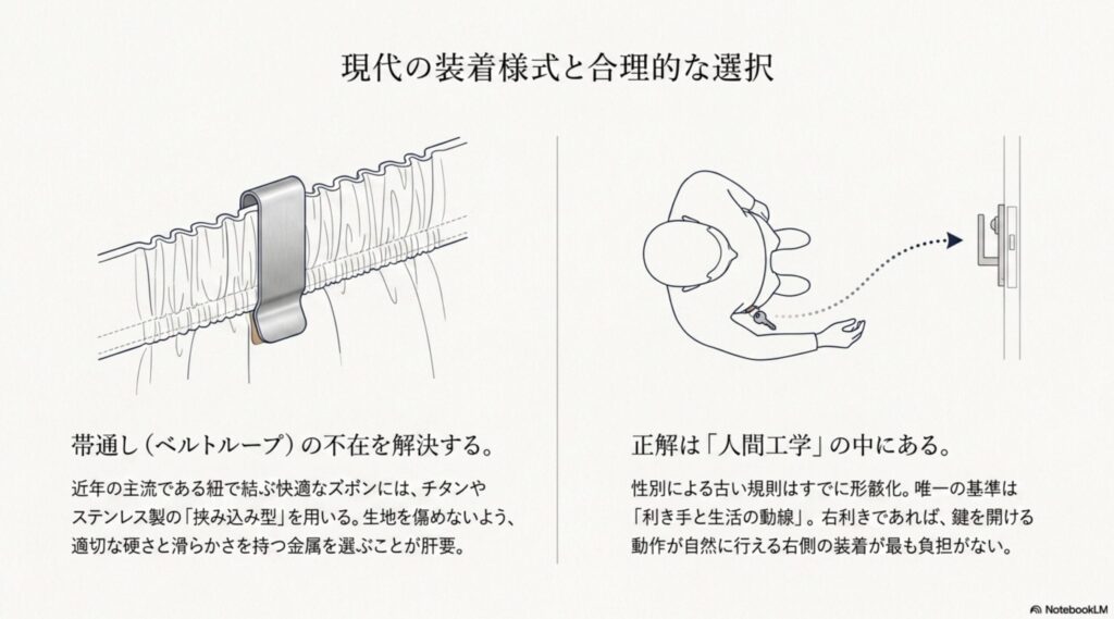 紐で結ぶイージーパンツなどのベルトループがないズボンに対し、生地を傷めないチタンやステンレス製の「挟み込み型(クリップ式)」を用いる解決策を提示したスライド。