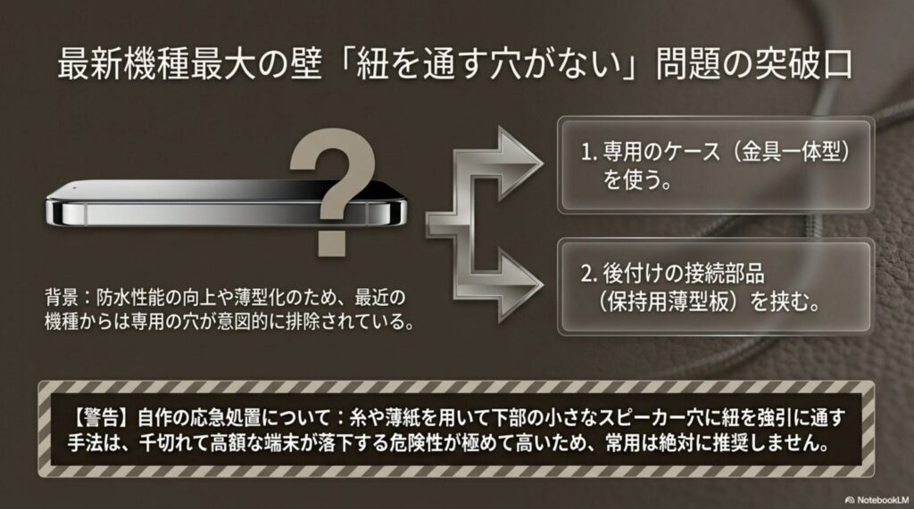 最新機種に紐を通す穴がない問題に対し、防水性能向上や薄型化という背景を説明し、突破口として「専用ケース(金具一体型)」と「後付けの接続部品(保持用薄型板)」の2つのアプローチを提示したスライド画像。