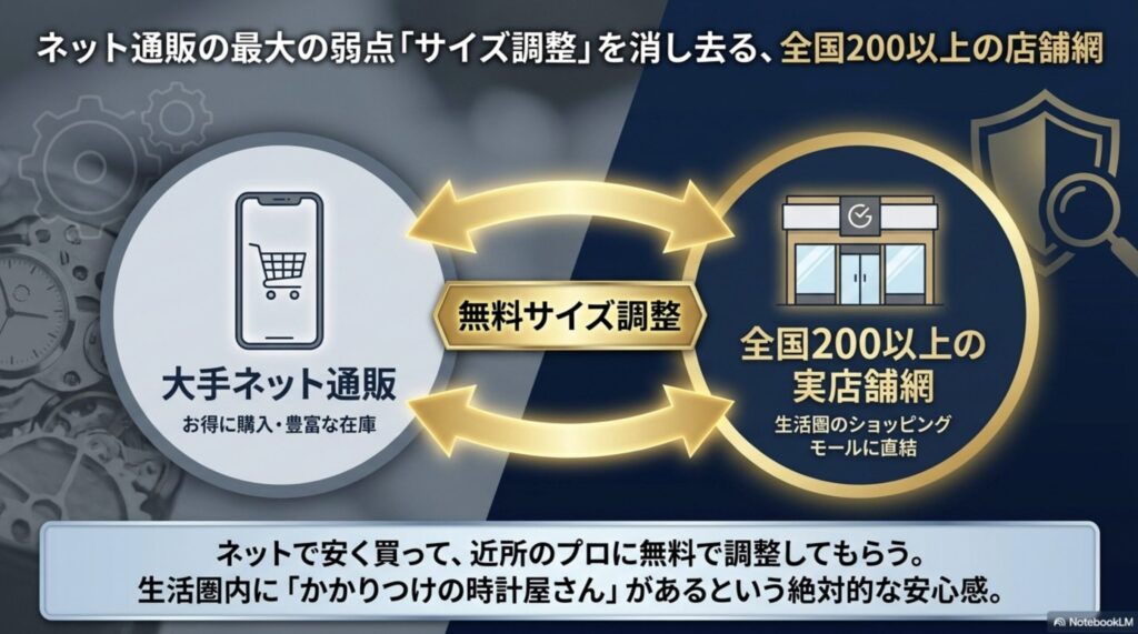 大手ネット通販で購入した時計を、全国200以上の実店舗網を利用して無料でサイズ調整できるシステムの図解