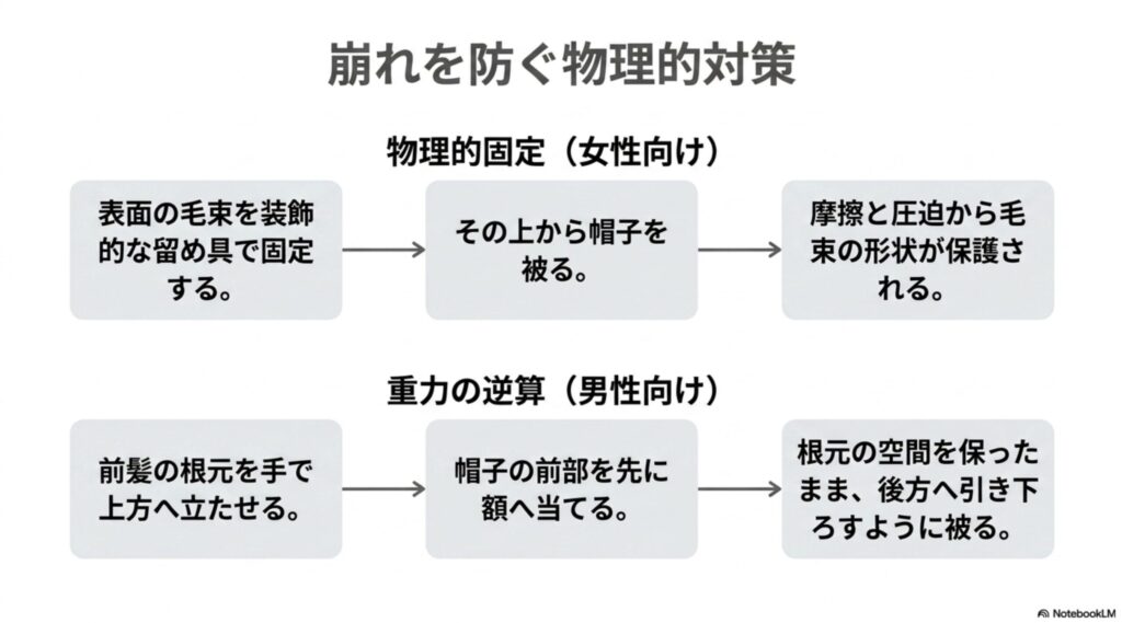女性向けの物理的固定(ヘアピン留め)と、男性向けの重力の逆算(根元を立たせて前方から被る)による、キャップ着用時の前髪の潰れ・崩れ防止ワザを解説するスライド。