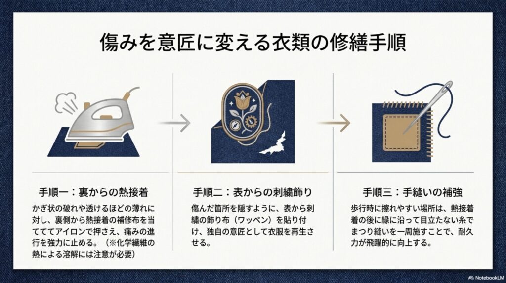 歩行時の揺れと重さによる「振り子の力学」が生地を削る原因であることを示し、対策として「チタン合金などで軽くする」「革製の袋で包み込む」「専用の吊り下げ具で空間を作る」の3つを提案するスライド。