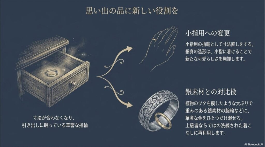 寸法が合わなくなった指輪を小指用に直したり、重みのある銀素材と対比させる役目を持たせたりして、引き出しに眠る思い出の品に新しい役割を与える方法