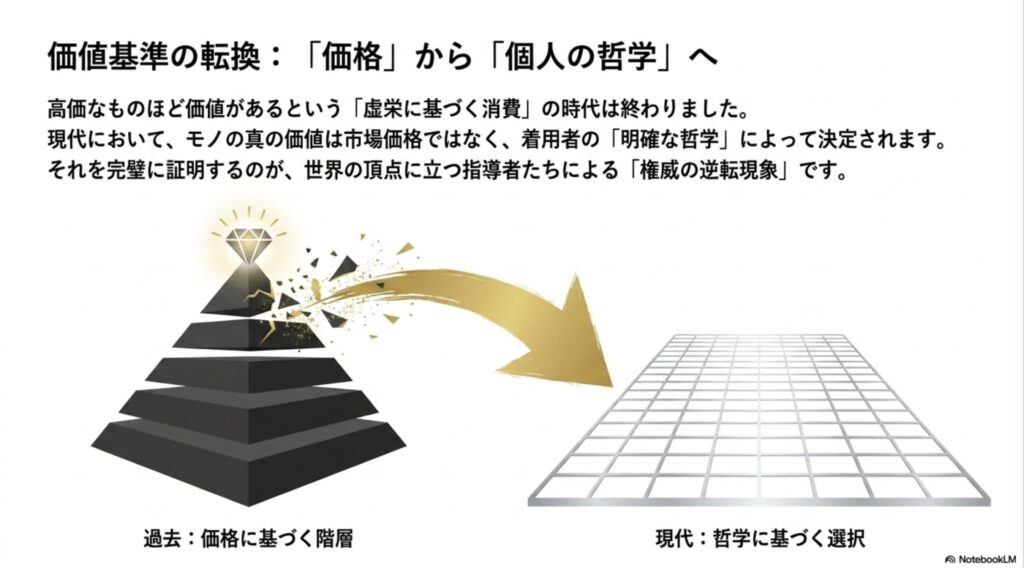高価なものほど価値があるという「過去：価格に基づく階層」の虚栄に基づく消費から、モノの真の価値は着用者の明確な哲学によって決定される「現代：哲学に基づく選択」へのシフトと、それを証明する世界の指導者たちによる「権威の逆転現象」を説明する図 。