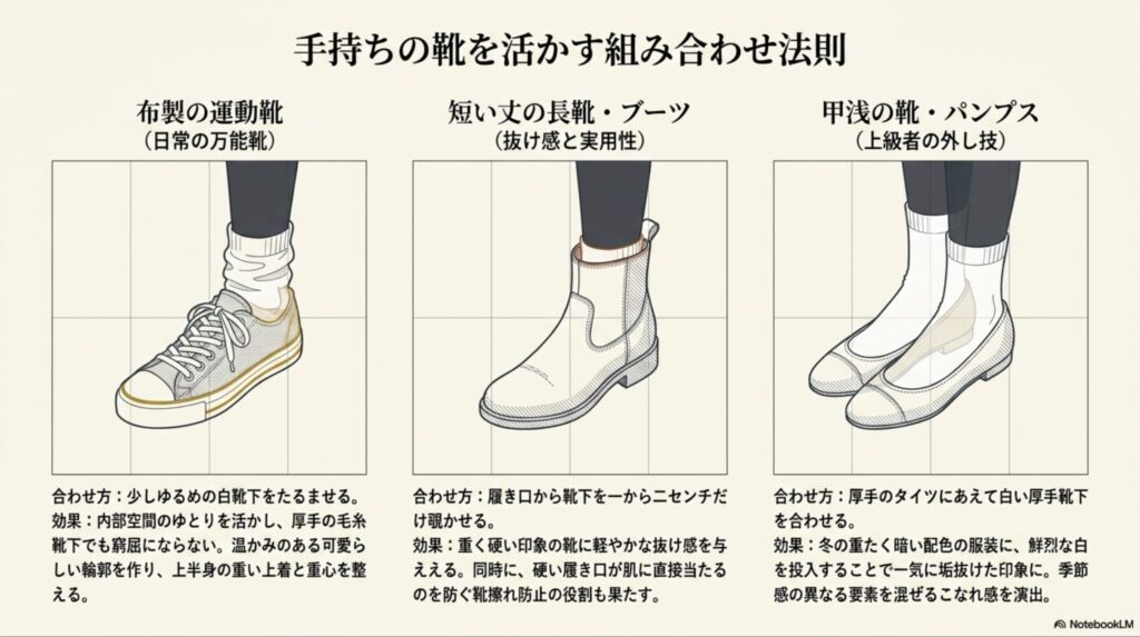 スニーカー、ブーツ、パンプスに合わせたタイツと靴下のおしゃれな組み合わせ法則と視覚効果
