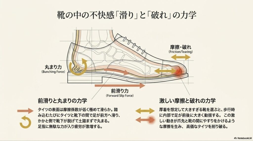 タイツの上に靴下を重ねた際に発生する靴の中の前滑りや、爪先が破れる原因となる力学メカニズム
