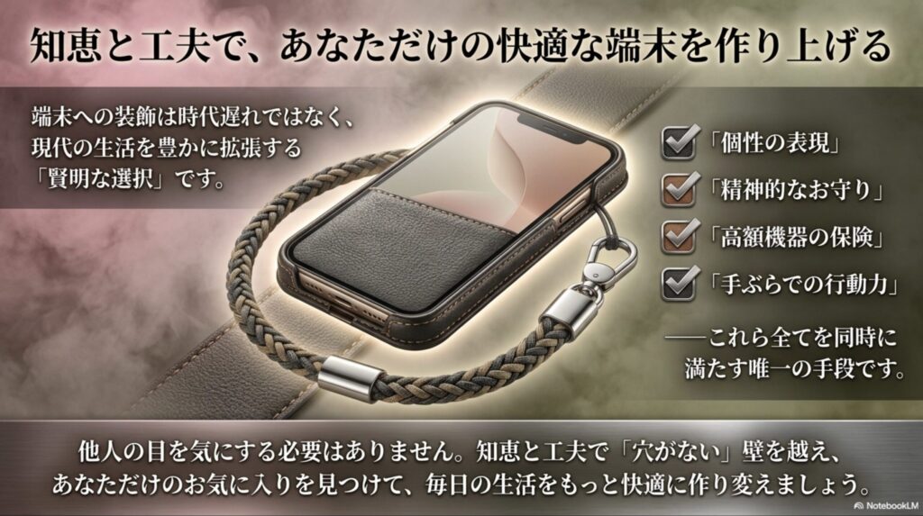 スマホの装飾は「個性の表現」「精神的なお守り」「高額機器の保険」「手ぶらでの行動力」の全てを同時に満たす賢明な選択であり、知恵と工夫で穴がない壁を越えて快適に作り変えようと呼びかける結びのスライド画像 。