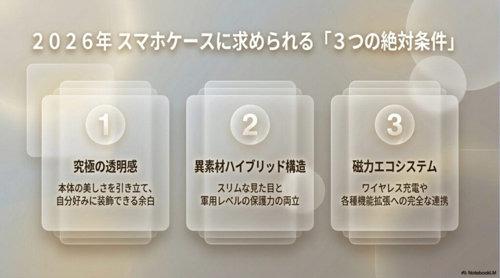 2026年のスマホケースに求められる「究極の透明感」「異素材ハイブリッド構造」「磁力エコシステム」の3つの条件