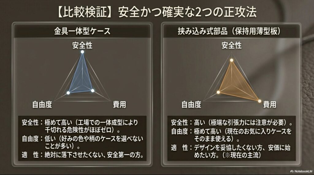 安全性が極めて高い「金具一体型ケース」と、現在主流でデザイン自由度が極めて高い「挟み込み式部品」の2つの正攻法について、安全性・費用・自由度を比較検証したスライド画像 。