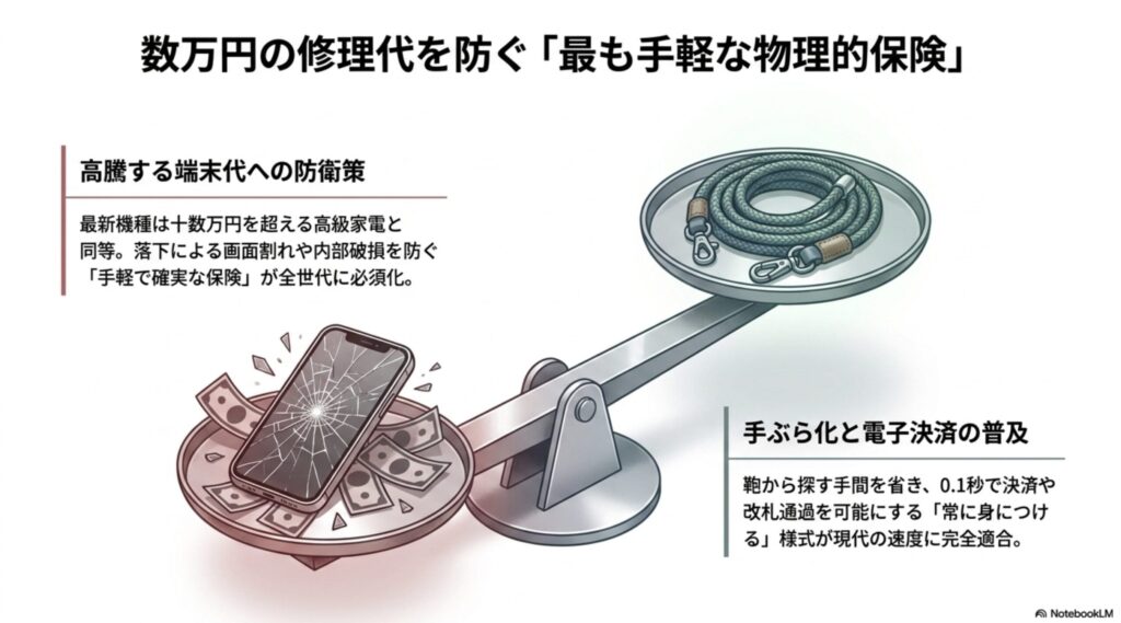 最新機種の十数万円を超える端末代への防衛策として、数万円の修理代を防ぐ「最も手軽な物理的保険」であるスマホストラップの有用性を説明したスライド画像。