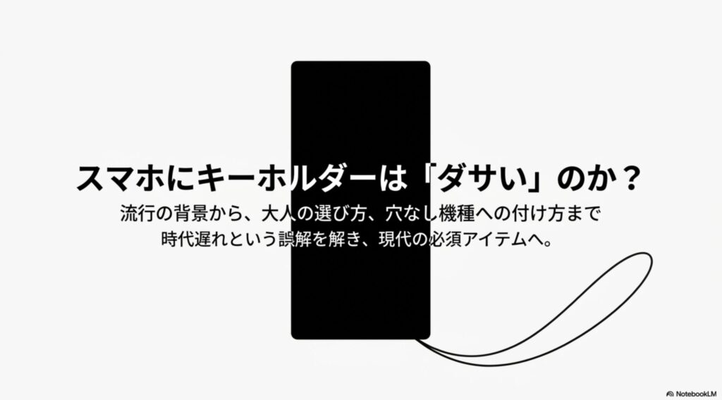 「スマホにキーホルダーは『ダサい』のか?流行の背景から大人の選び方、穴なし機種への付け方まで」と書かれた解説記事の表紙スライド画像。