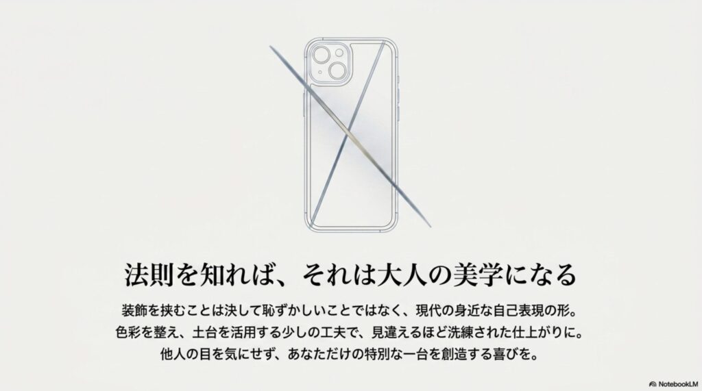 スマホに装飾を挟むことは現代の身近な自己表現であり、少しの工夫で洗練された仕上がりになるため、他人の目を気にせず特別な一台を創造しようと締めくくる結びのスライド。