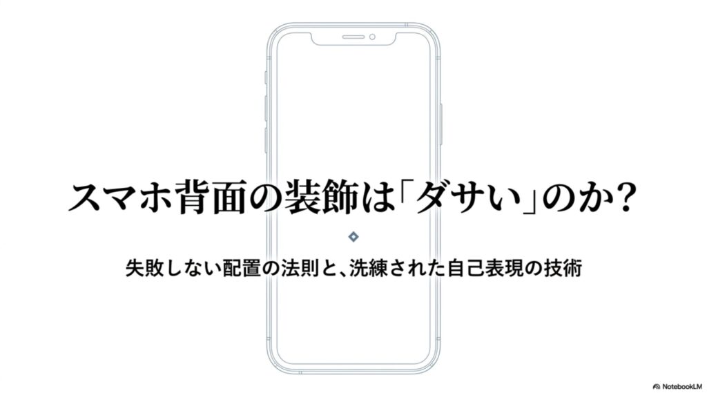 「スマホ背面の装飾は『ダサい』のか？失敗しない配置の法則と、洗練された自己表現の技術」と書かれた、プレゼンテーションの表紙スライド。