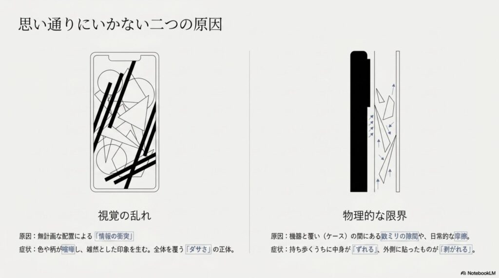 無計画な配置による「視覚の乱れ」と、隙間や摩擦による「物理的な限界（ズレ・剥がれ）」という、スマホ装飾がダサ見え・失敗する原因を解説したスライド。