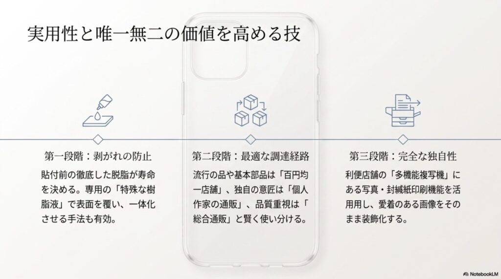 脱脂や特殊樹脂液による「剥がれの防止」、100均・個人通販・総合通販の「最適な調達経路」、コンビニの多機能複写機等を使った「完全な独自性（自作）」の3段階を説明したスライド。