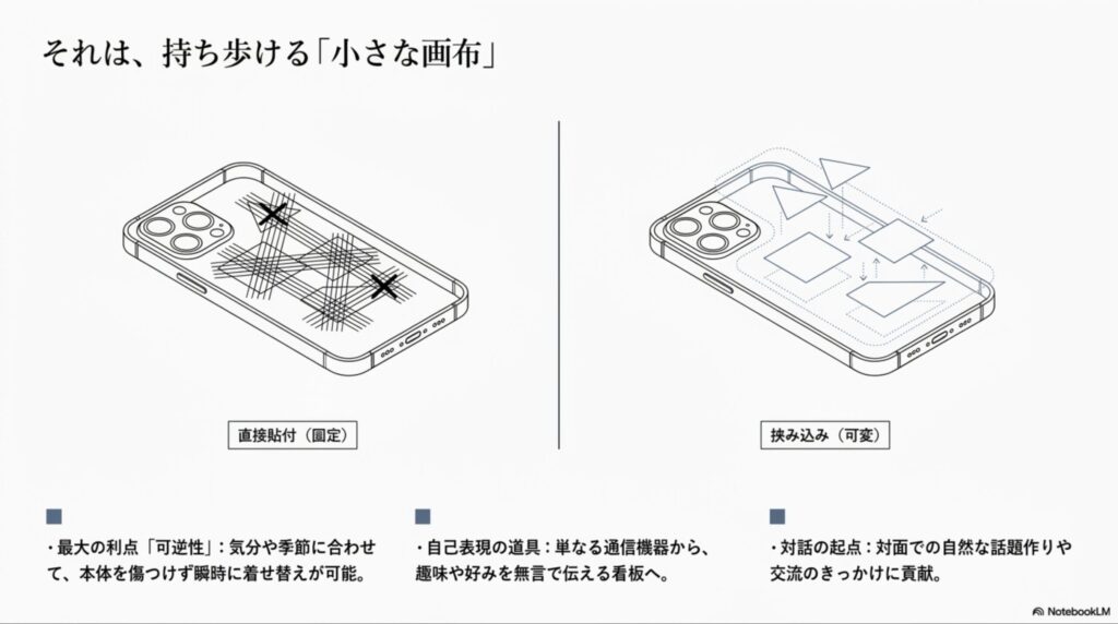 直接貼付（固定）の利点として可逆性や自己表現の道具であることを挙げ、挟み込み（可変）の利点として対話の起点になることを解説したスライド。