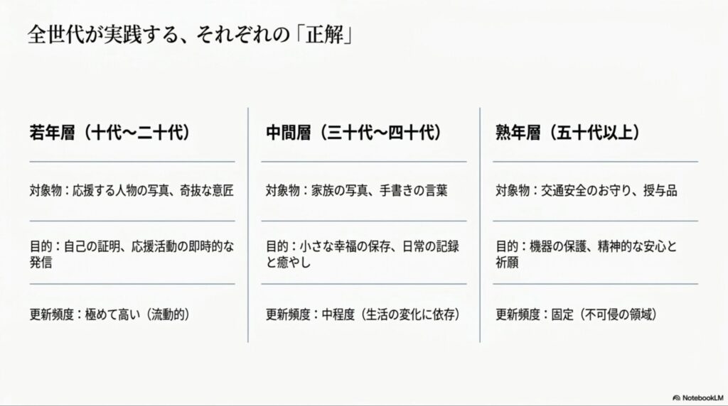 Z世代（推し活・高頻度更新）、ミレニアル世代（家族写真・中頻度更新）、シニア層（お守り・固定）の3つの世代における、スマホ背面に挟む対象物や目的の違いをまとめたスライド。
