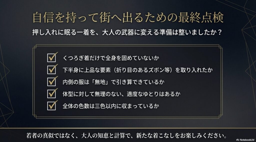 「自信を持って街へ出るための最終点検」として、くつろぎ着だけで固めていないか、下半身に上品な要素を取り入れたか、内側は無地か、適度なゆとりはあるか、色数は三色以内か、の5つのチェック項目が並んだまとめスライド。