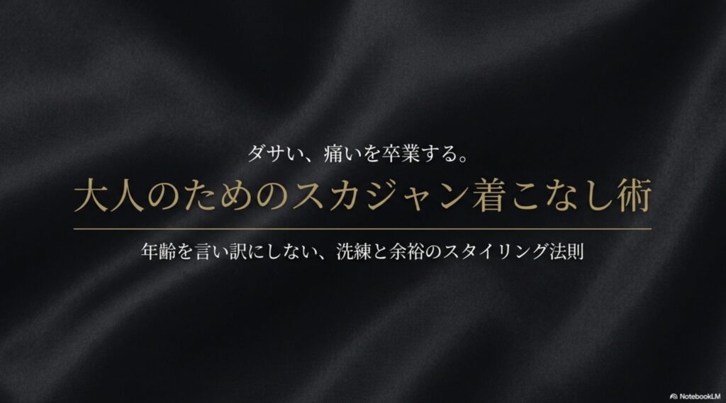 「ダサい、痛いを卒業する。大人のためのスカジャン着こなし術。年齢を言い訳にしない、洗練と余裕のスタイリング法則」と書かれたプレゼンテーションスライドの表紙。