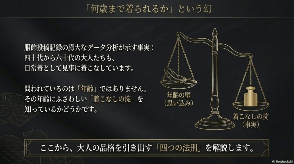 天秤のイラストを交え、「年齢の壁（思い込み）」よりも「着こなしの掟（事実）」が重要であることを示し、四十代から六十代の大人も日常着として見事に着こなしている事実を伝えるスライド。