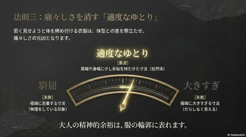 メーターのイラストとともに「法則三：痛々しさを消す適度なゆとり」を解説し、極端に密着する窮屈な寸法（失敗）と、肩幅や身幅に少し余裕を持たせた寸法（最適）を比較するスライド。
