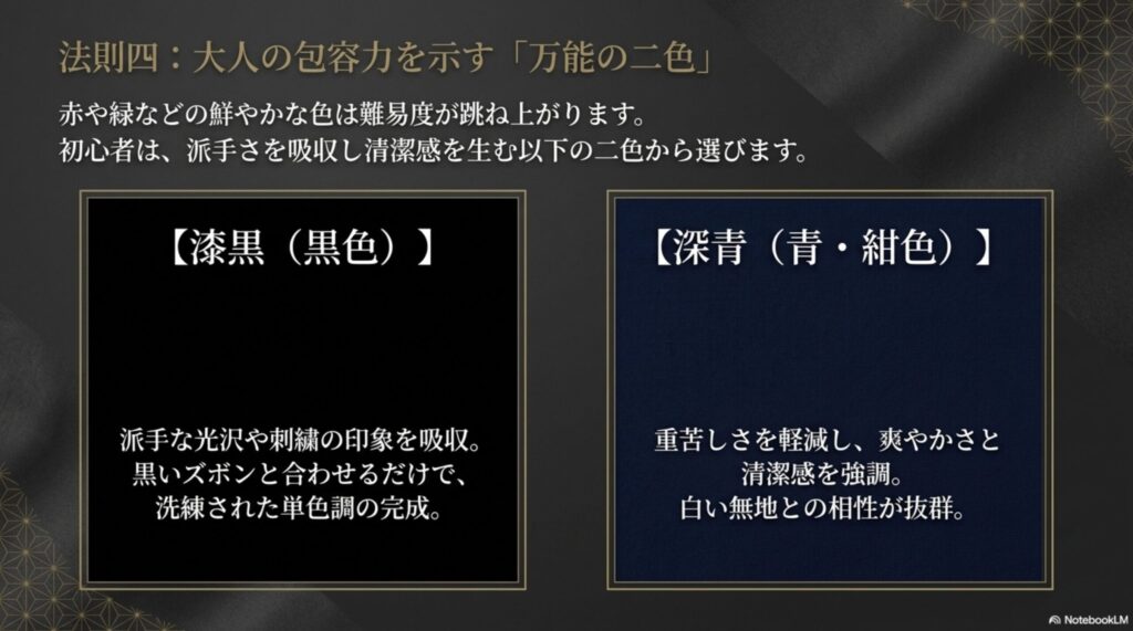 「法則四：大人の包容力を示す万能の二色」として、派手な光沢や刺繍の印象を吸収する漆黒（黒色）と、重苦しさを軽減し白い無地と相性が抜群な深青（青・紺色）の二色を初心者向けに解説するスライド。
