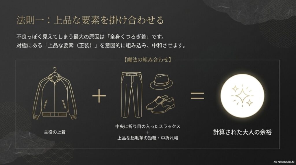 「法則一：上品な要素を掛け合わせる」として、主役の上着に、中央に折り目の入ったスラックスや上品な起毛革の短靴・中折れ帽を足すことで「計算された大人の余裕」が生まれることを示す図解スライド。