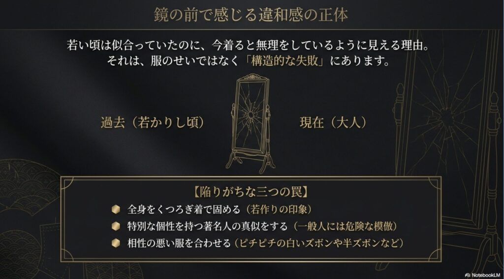 ひび割れた鏡のイラストとともに、大人がスカジャン着こなしで陥りがちな「全身をくつろぎ着で固める」「特別な個性を持つ著名人の真似をする」「相性の悪い服を合わせる」という三つの罠を説明するスライド。