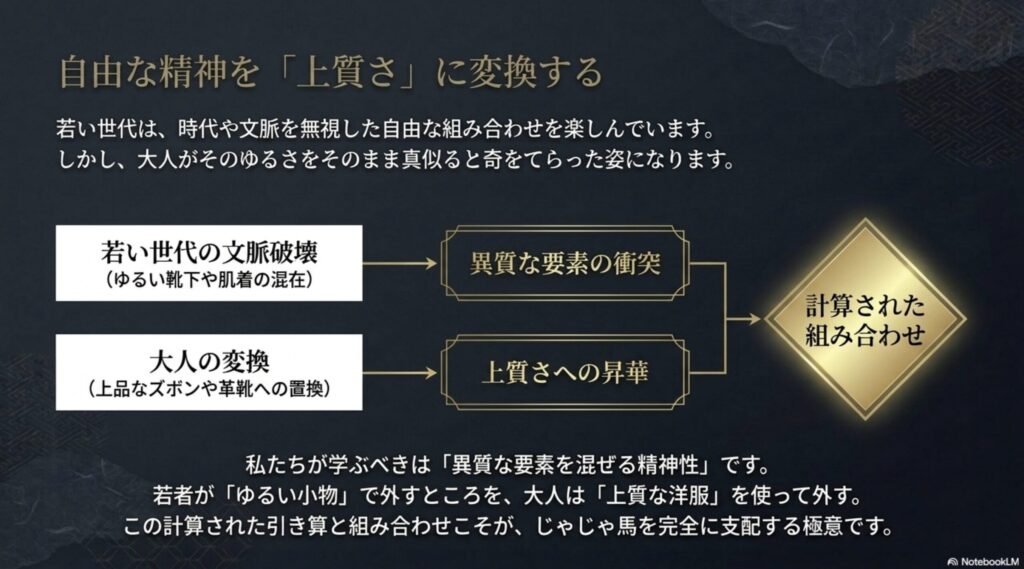 若い世代の「文脈破壊（ゆるい靴下や肌着の混在）」という異質な要素の衝突を、大人が「上質さへの昇華（上品なズボンや革靴への置換）」へと変換する計算された組み合わせの極意を説明するスライド。
