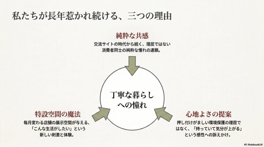 中央の「丁寧な暮らしへの憧れ」に向かって3つの矢印が伸びる図。mixi時代から続く「純粋な共感」、毎月変わる「特設空間の魔法」、持っていて気分が上がる「心地よさの提案」がブランドの本質的な魅力であることを解説したスライド。
