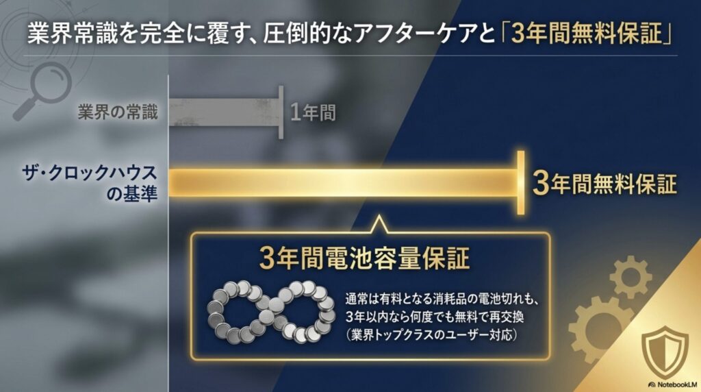 業界の常識である1年間保証を超えた、クロックハウス独自の3年間無料保証と3年間電池容量保証の解説