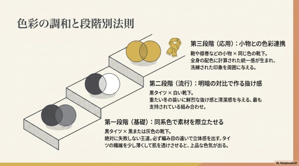 タイツと靴下の重ね履きコーデにおける同系色、黒×白の明暗対比、小物との色彩連携などの色合わせ法則
