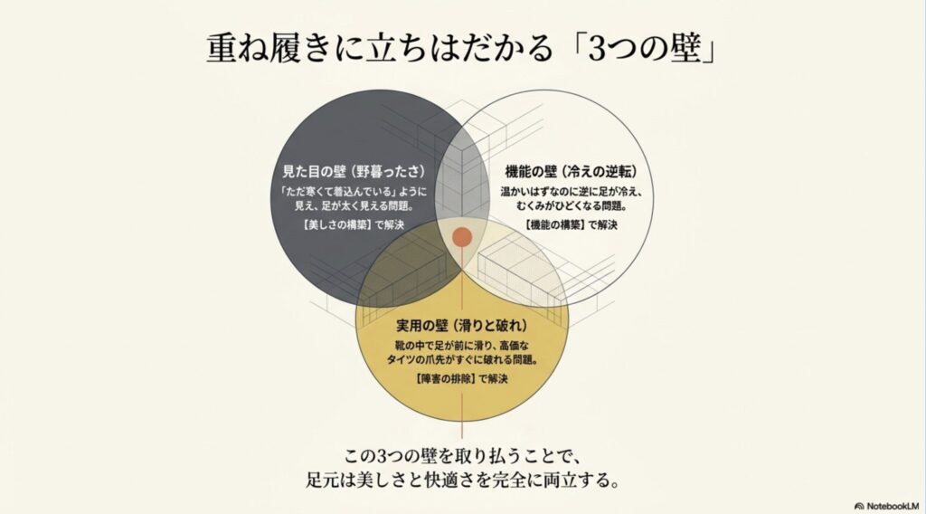 タイツと靴下の重ね履きにおける「野暮ったさ・冷え・滑りや破れ」の3つの壁と解決アプローチ
